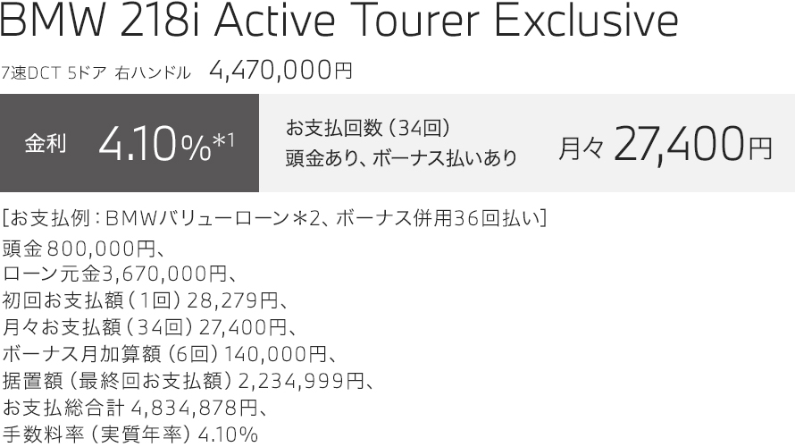 BMW 218i Active Tourer Exclusive　お支払い例