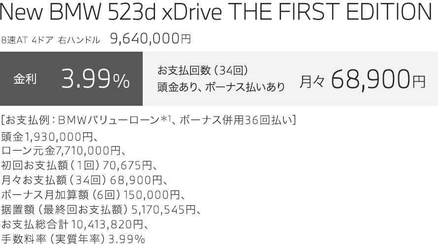 New BMW 523d xDrive THE FIRST EDITION　お支払い例