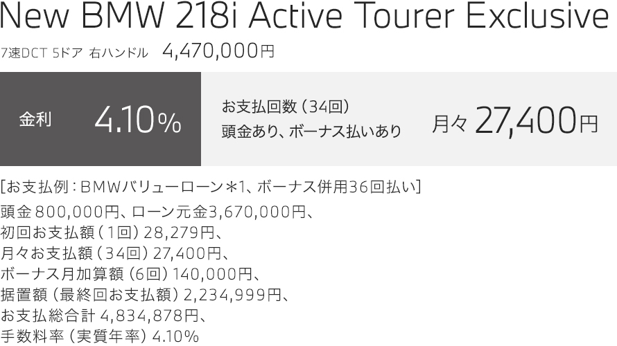 New BMW 218i Active Tourer Exclusive　お支払い例